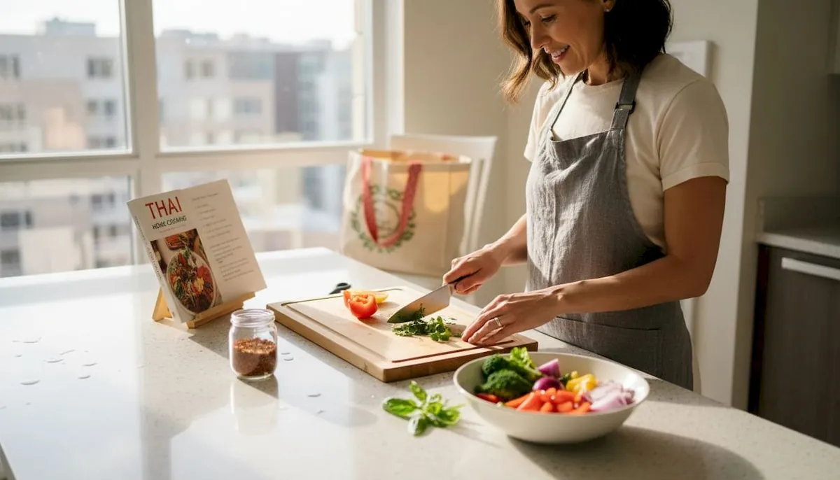 Woman prepping Thai food with fresh herbs