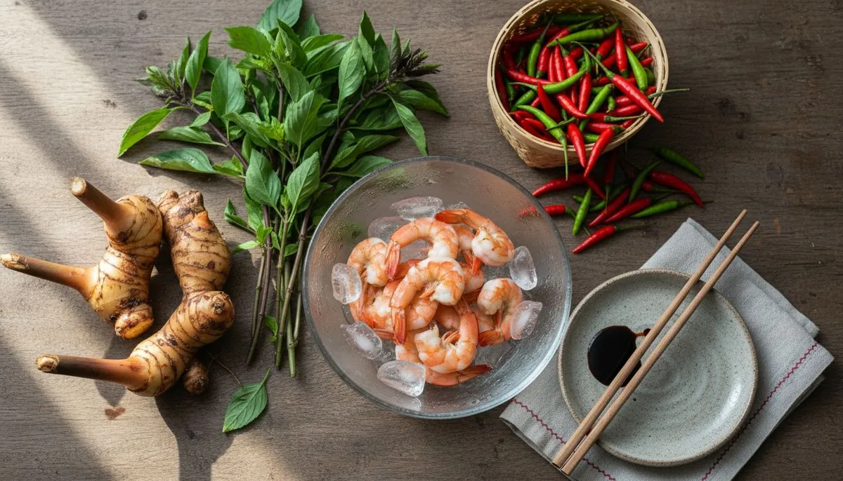 Overhead of Thai ingredients on rustic table