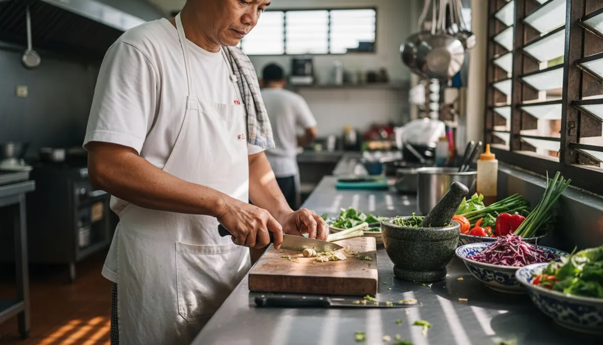 Thai chef preparing fresh ingredients in kitchen