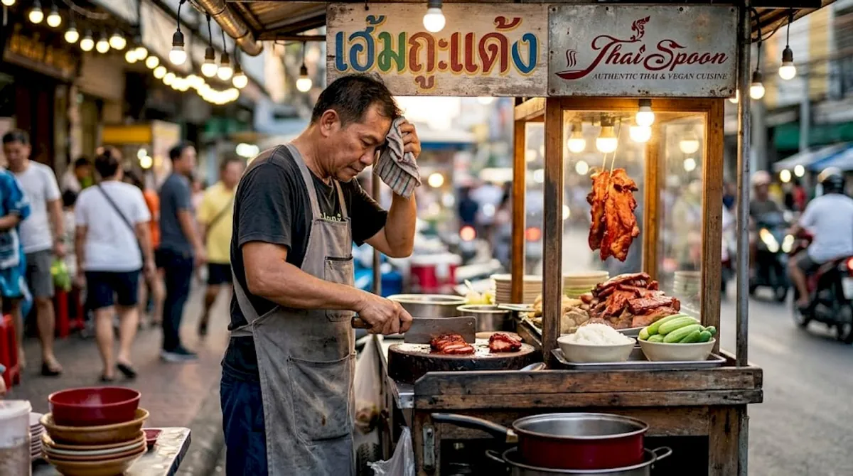 Street vendor prepares Khao Moo Daeng pork rice