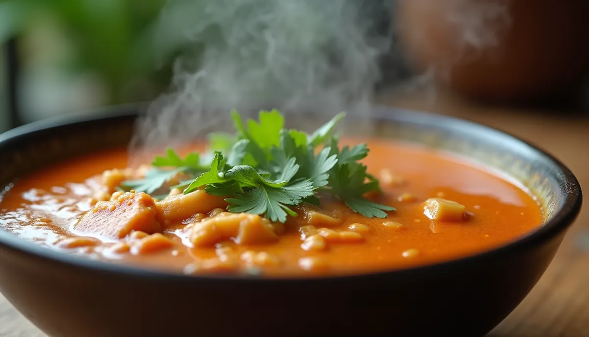 Close-up view of a steaming bowl of authentic Thai curry with fresh herbs