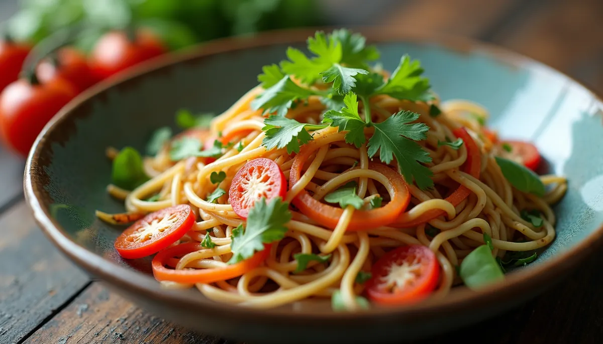 Eye-level view of a colorful Thai salad with fresh vegetables and herbs