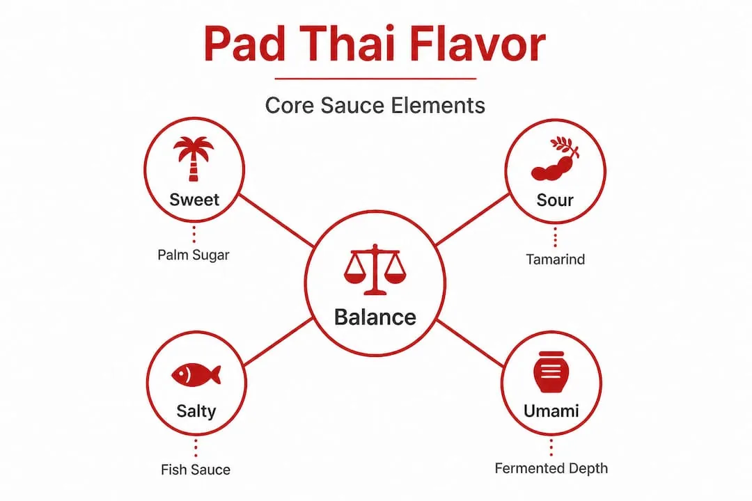 Pad Thai sauce flavor balance hierarchy infographic