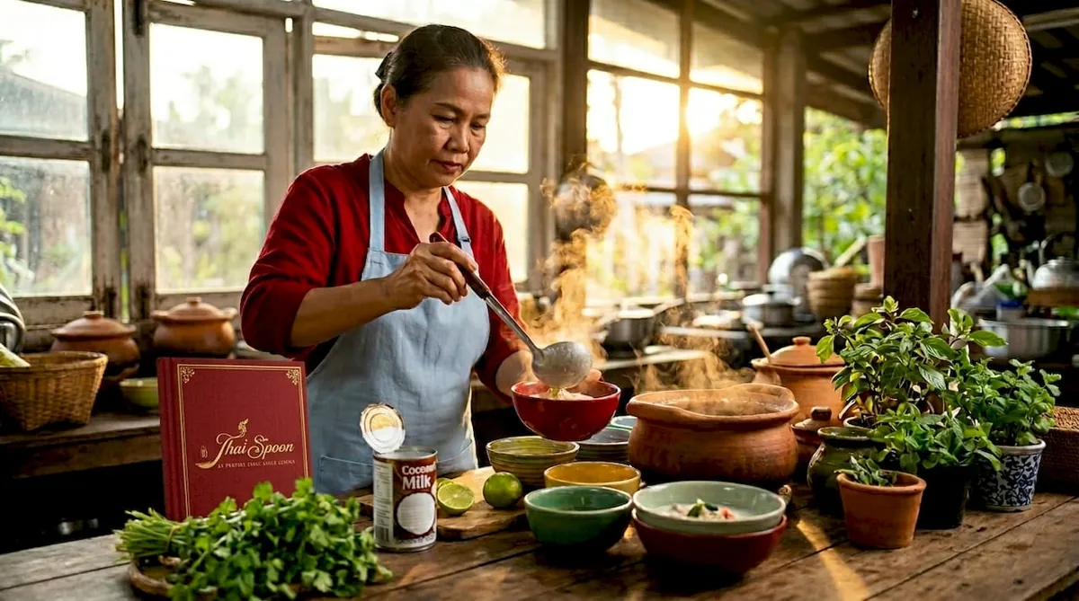 Serving tom kha gai in home kitchen setting
