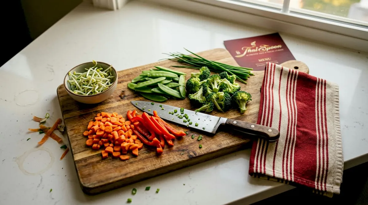 Vegetables prepped for Pad Thai on cutting board