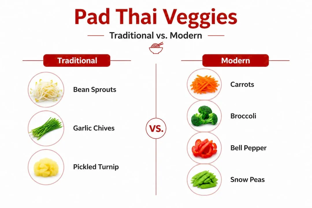 Infographic comparing traditional and modern Pad Thai vegetables