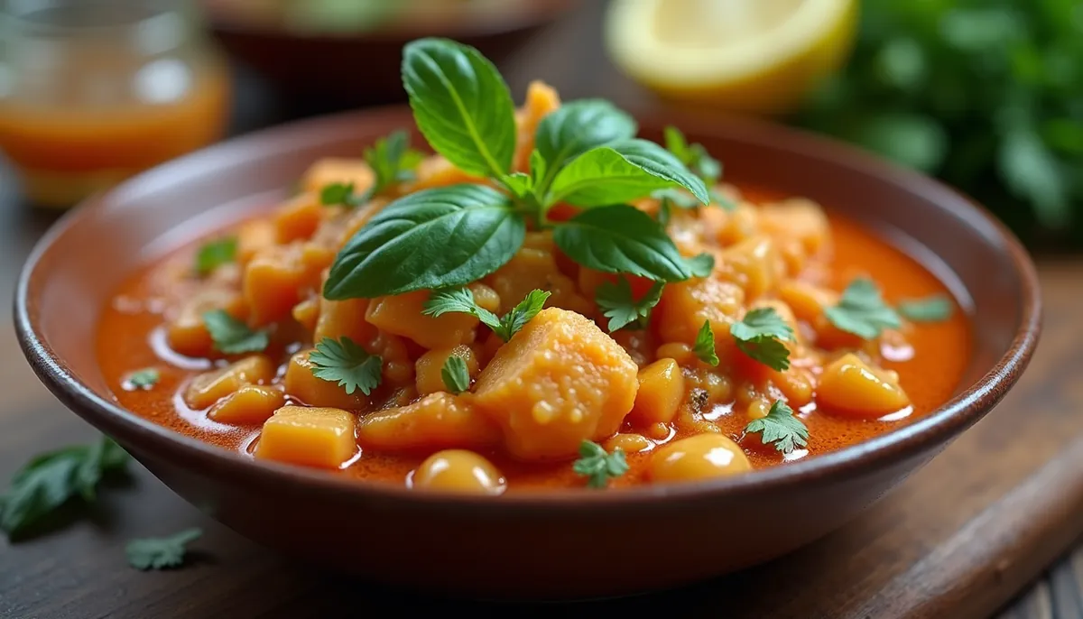 Close-up view of a Thai curry dish with fresh herbs and spices