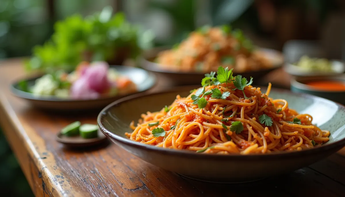 Eye-level view of a beautifully arranged Thai meal with colorful dishes