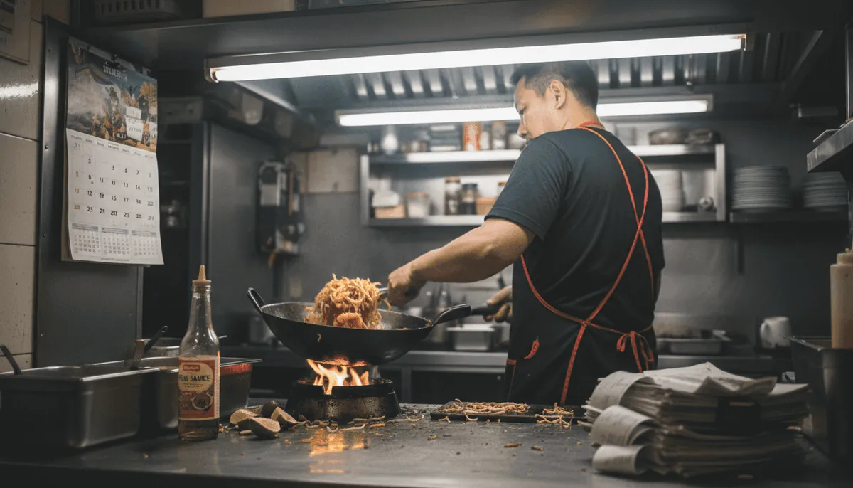 Chef preparing gluten-free Pad Thai in kitchen