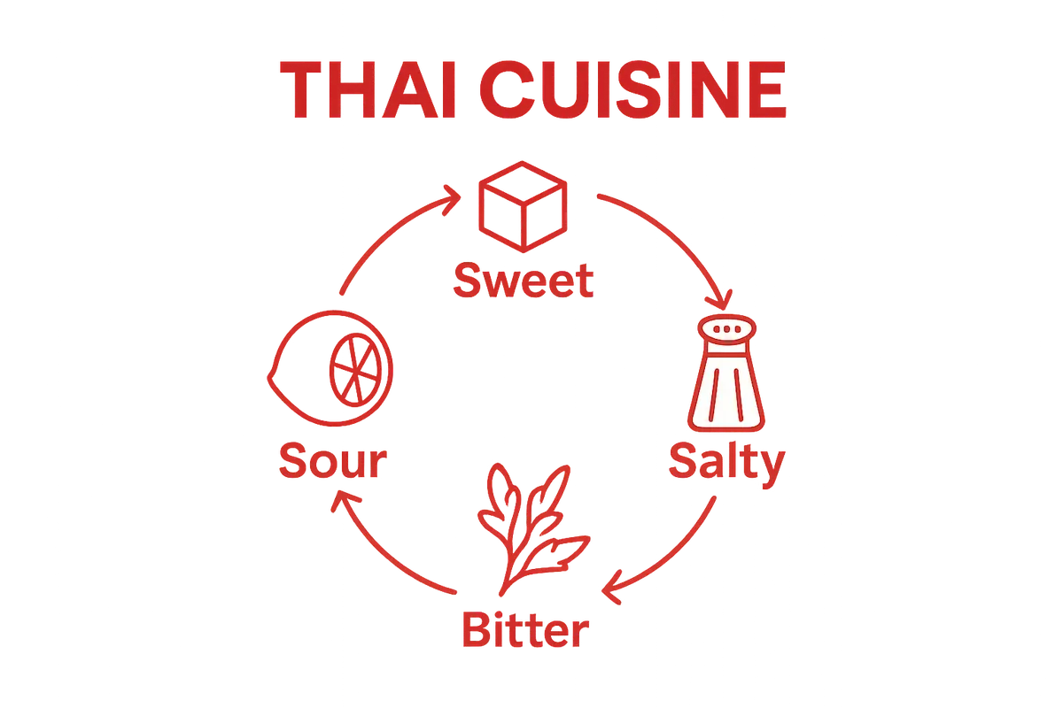 Infographic showing balance of sour, sweet, salty, bitter, and spicy in Thai cuisine