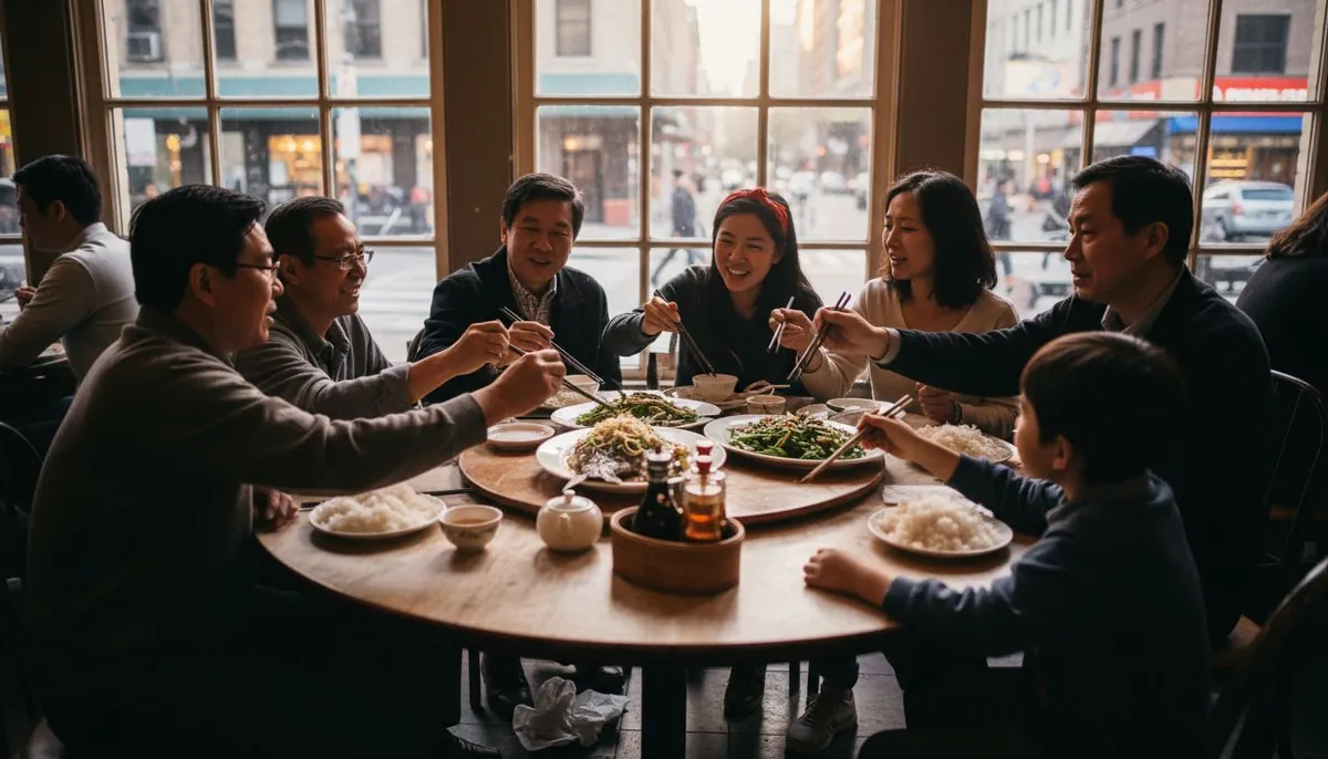 Asian family sharing dishes in restaurant