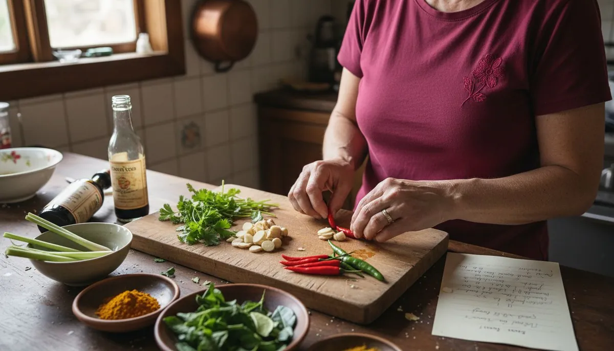 Home cook prepares fresh Thai soup herbs