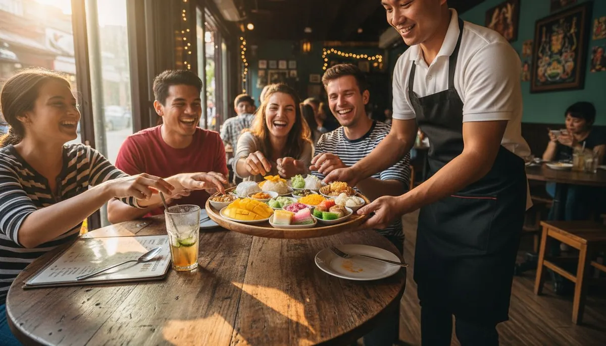 Waiter serving colorful Thai desserts to friends