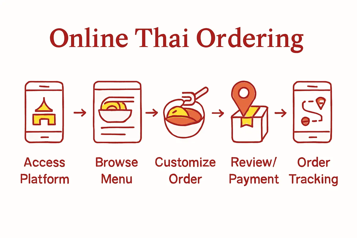 Six-step infographic workflow for ordering Thai food online.